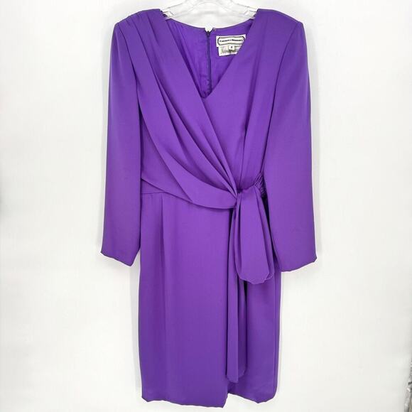 Carolina Herrera Neiman Marcus Silk Purple V Neck Draped Knot Midi Dress Size 8 - Picture 2 of 8